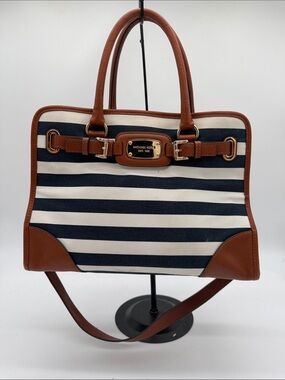 Michael Kors Hamilton Nautical Striped Canvas Tote Gold Hardware Leather Trim